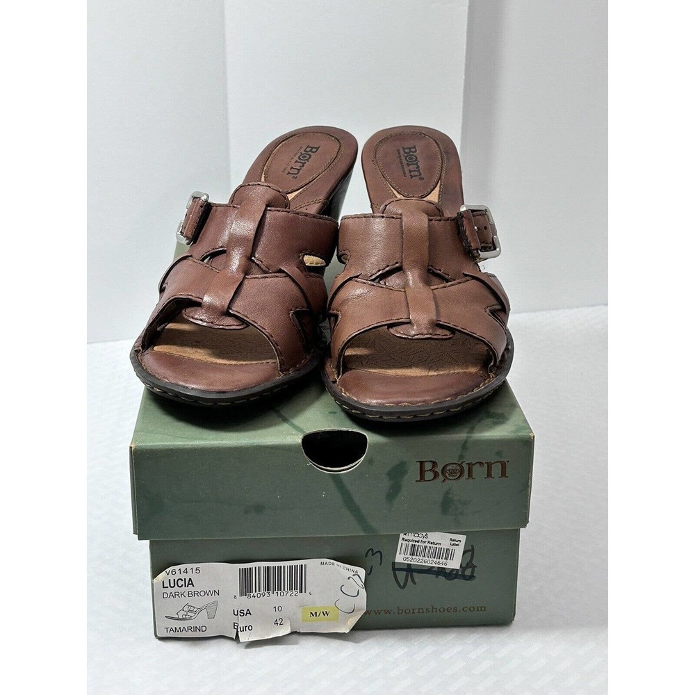 Born Lucia Dark Brown Leather Summer Slide Heel Size 10 M/W‎ Sandals